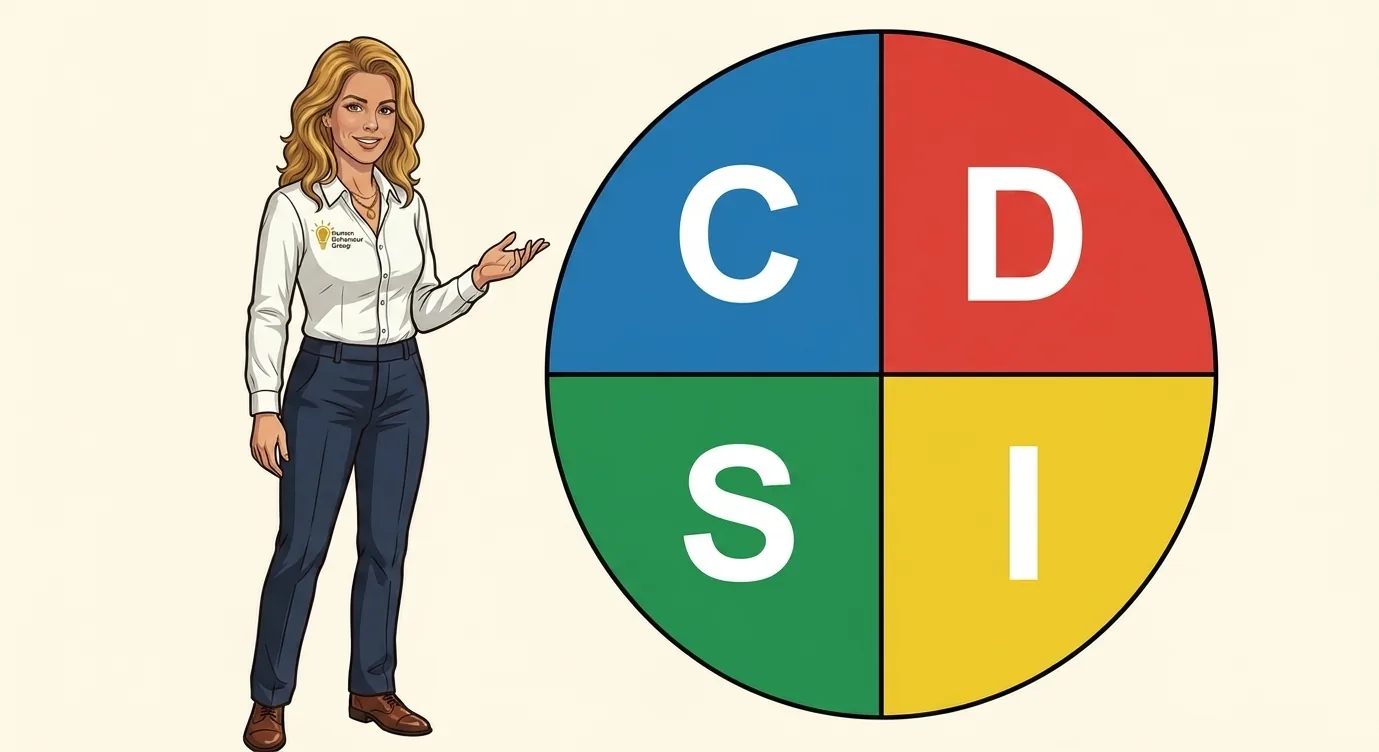 Het DISC-model als kleurenwiel met de vier letters D, I, S en C, toegelicht door Esther van Human Behaviour Group