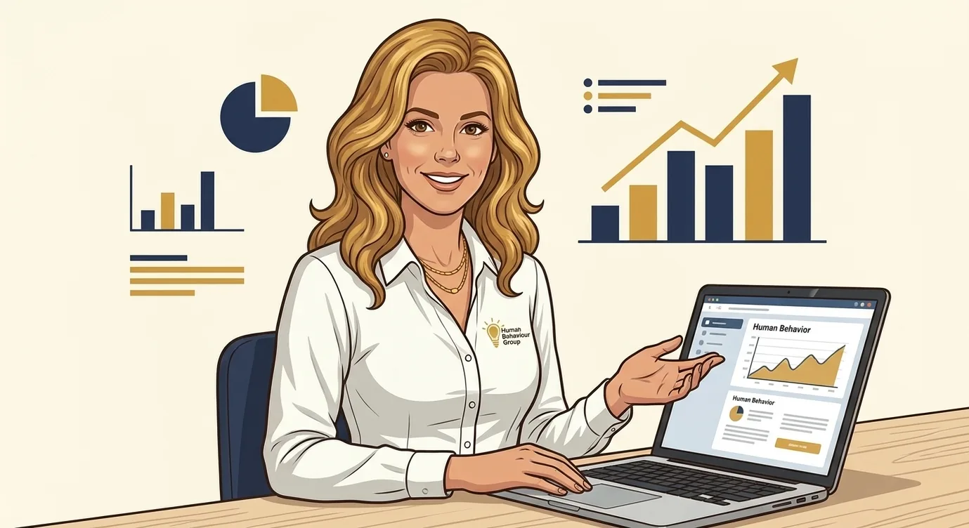 Esther van Human Behaviour Group achter een laptop met een dashboard met groeigrafieken