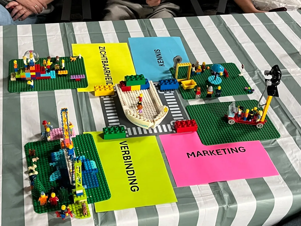 Het gezamenlijke bouwwerk van de partnerdag: vier bouwplaten met de thema's zichtbaarheid, kennis, verbinding en marketing, in het midden verbonden door een boot
