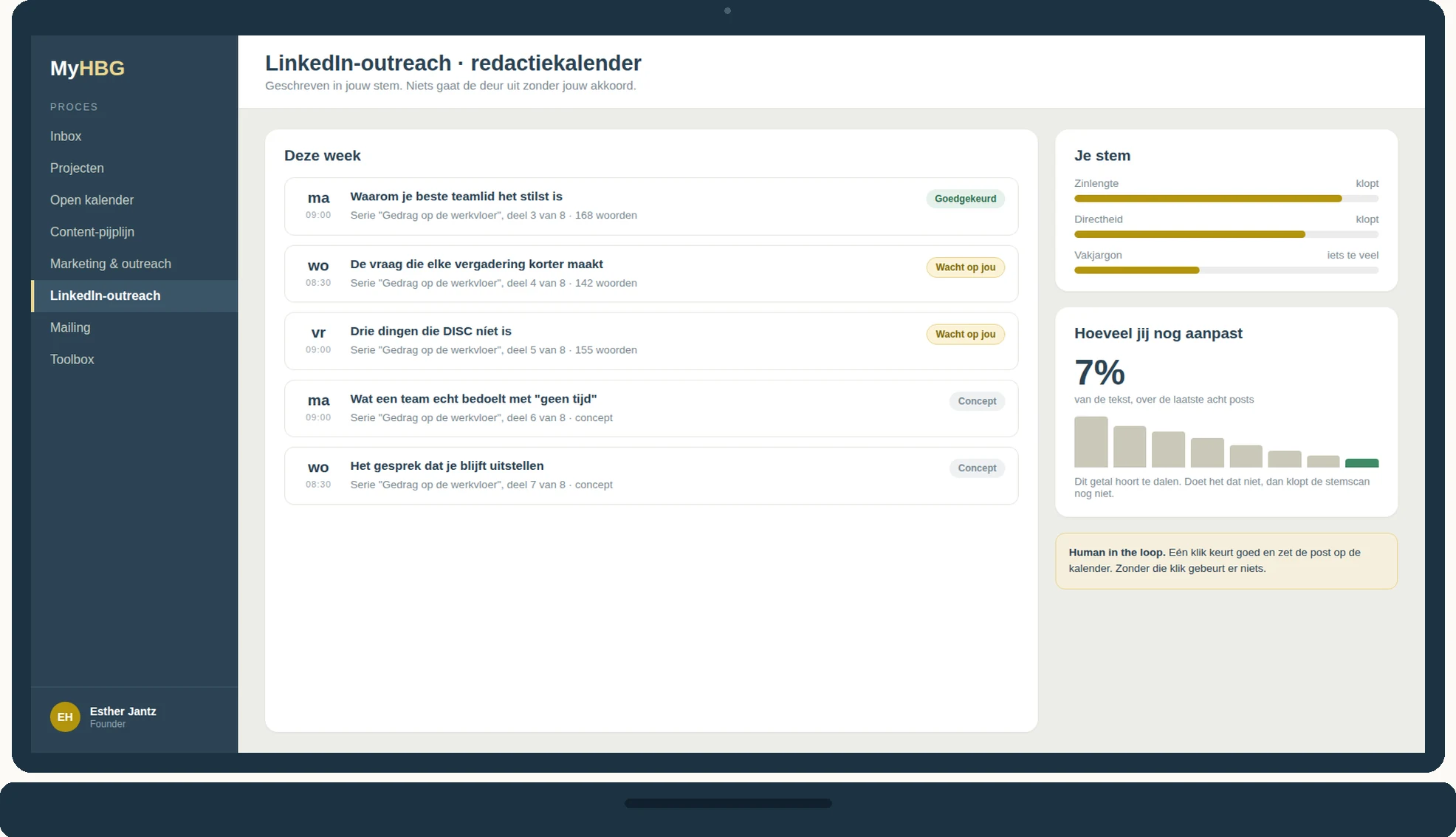 De redactiekalender van HBG Automation: posts met de status goedgekeurd, wacht op jou of concept, plus een meting van hoeveel tekst je zelf nog aanpast