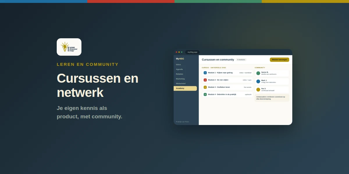 Schermmockup van de academy in MyHBG: een cursus in vier modules naast de tijdlijn van de community