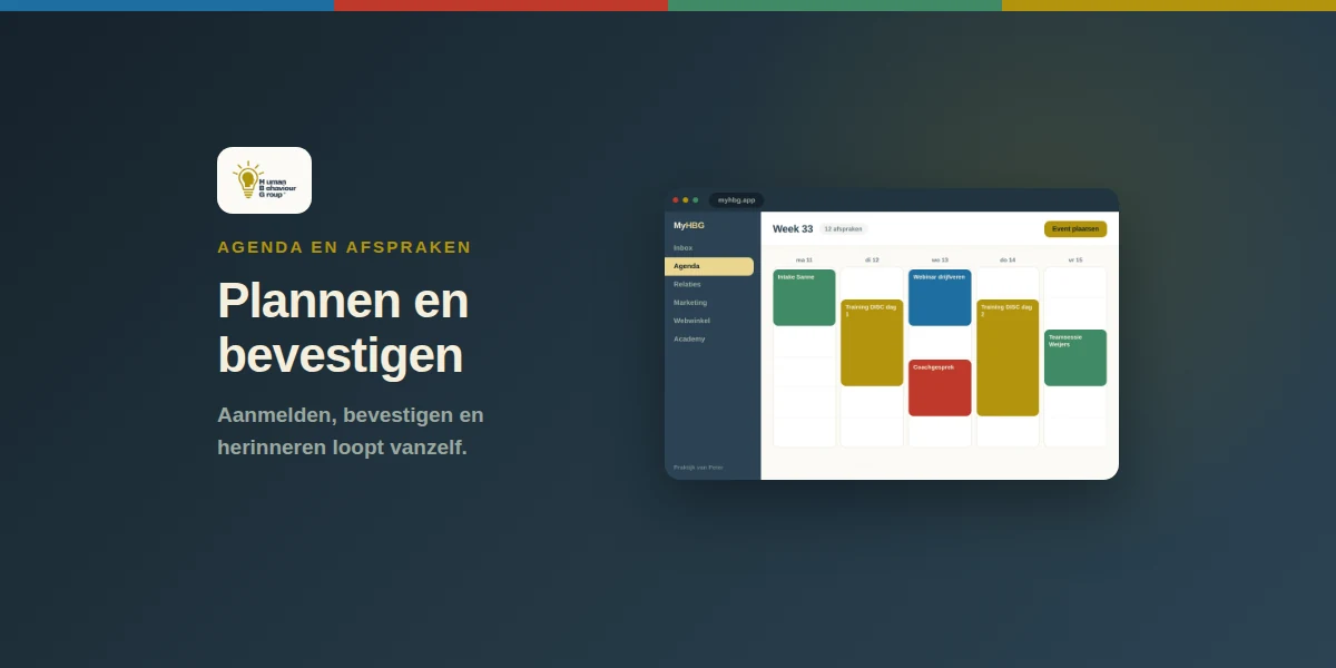 Schermmockup van de MyHBG-agenda: een weekoverzicht met gekleurde trainingen en sessies