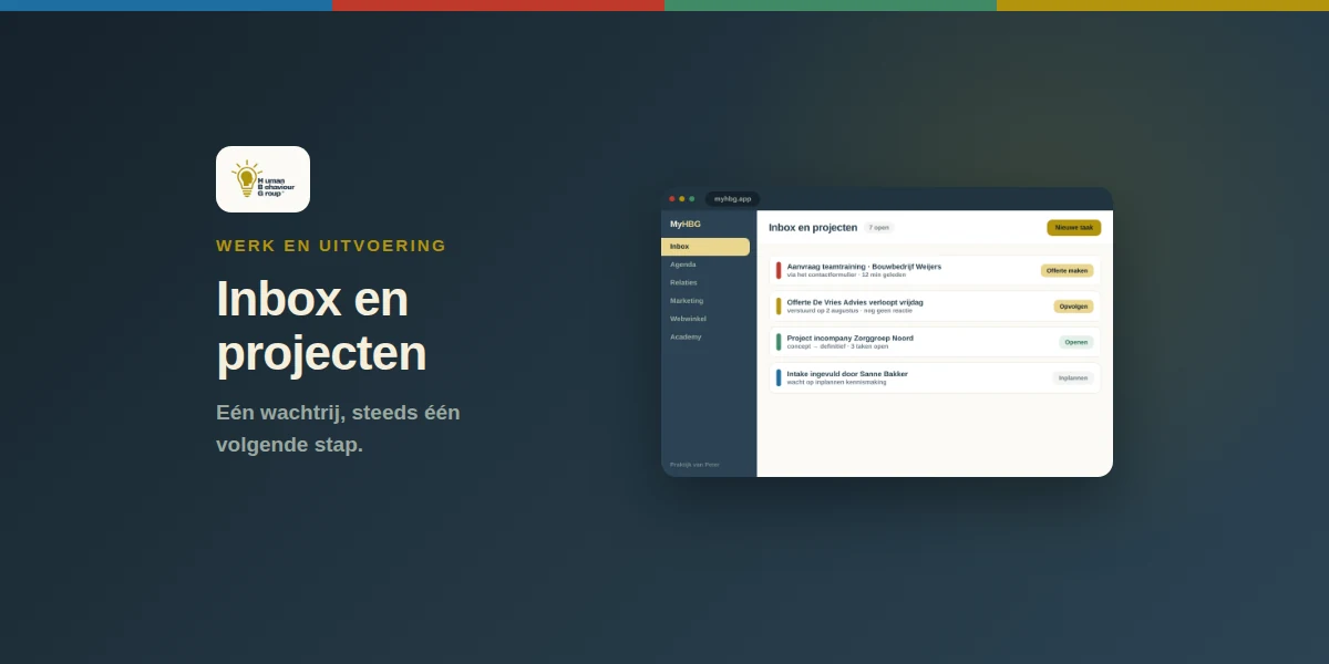 Schermmockup van de MyHBG-inbox: vier signalen op een rij, elk met een vervolgactie ernaast
