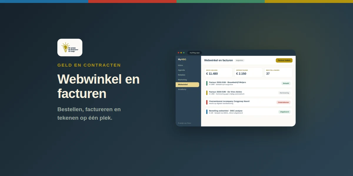 Schermmockup van webwinkel en facturen in MyHBG: omzettegels boven facturen, een overeenkomst en een bestelling