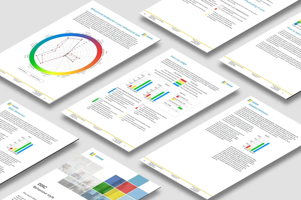 Uitgespreide pagina's uit een Ensize DISC-rapport met de gedragscirkel, de basis- en aangepaste stijl en de adaptatiegrafieken